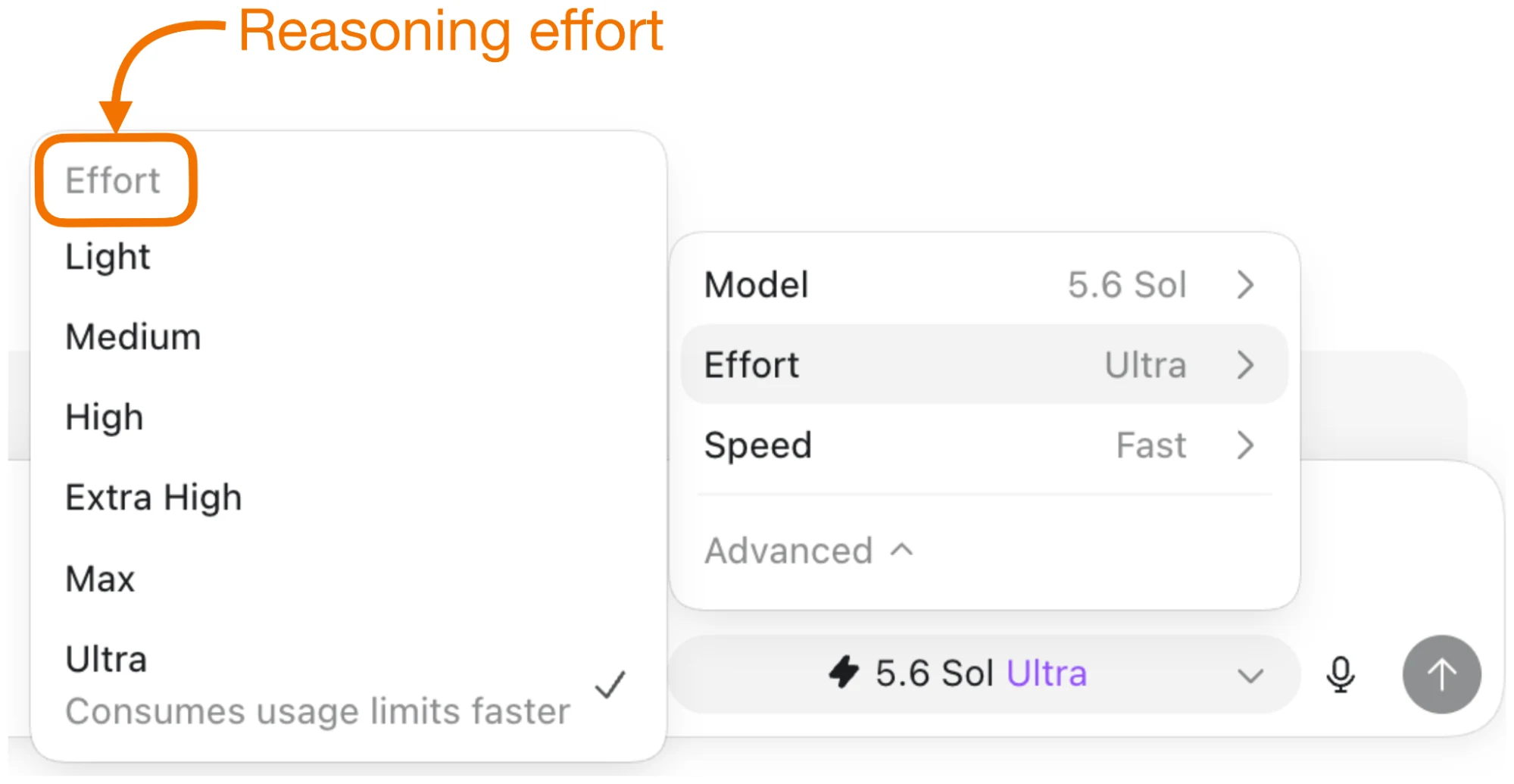 A model configuration menu with reasoning-effort choices from Light through Ultra, separate from model and speed controls.