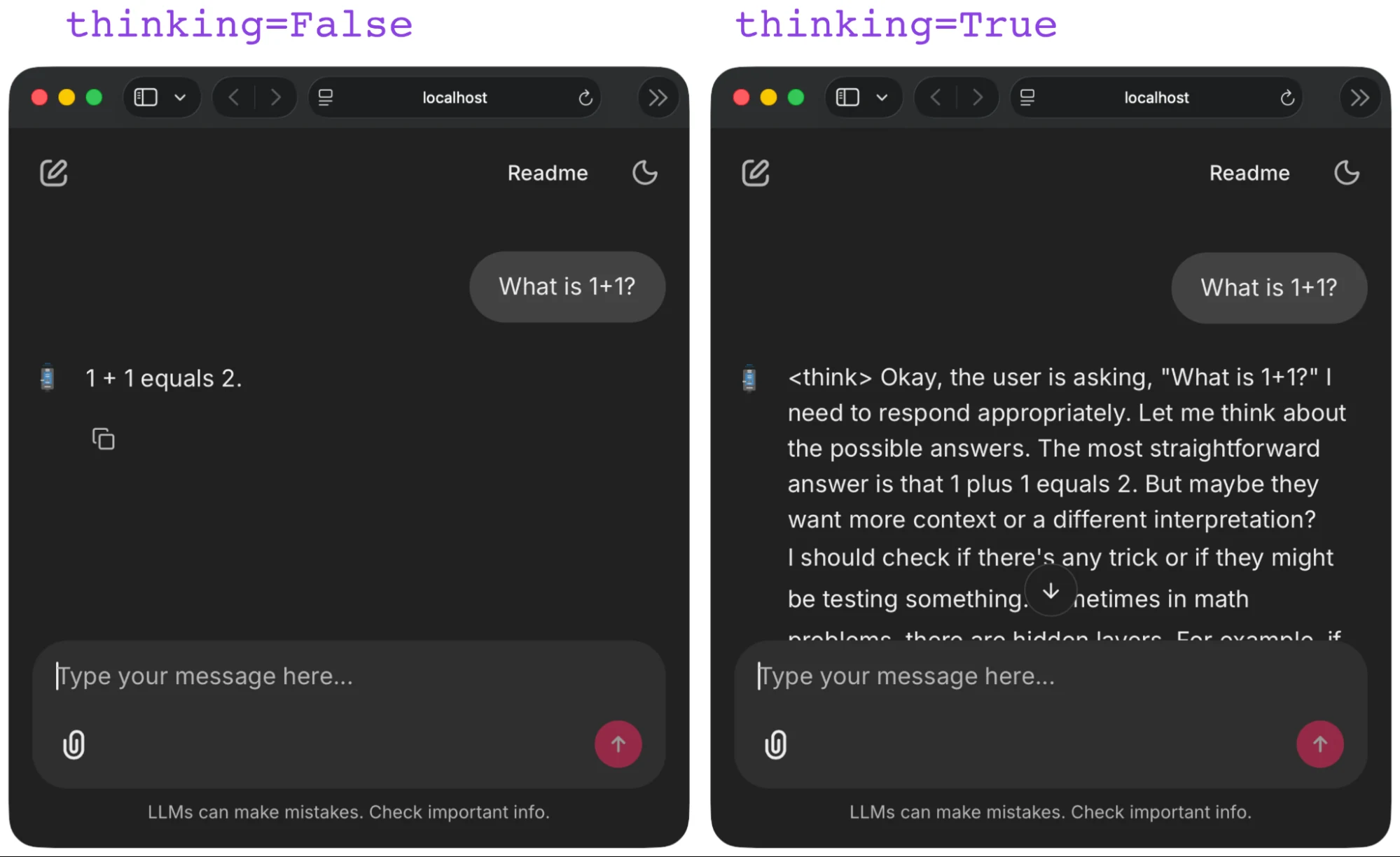 Two chat windows side by side answering the same trivial question, one with thinking disabled and a one-line answer, one with thinking enabled and a long visible reasoning trace.