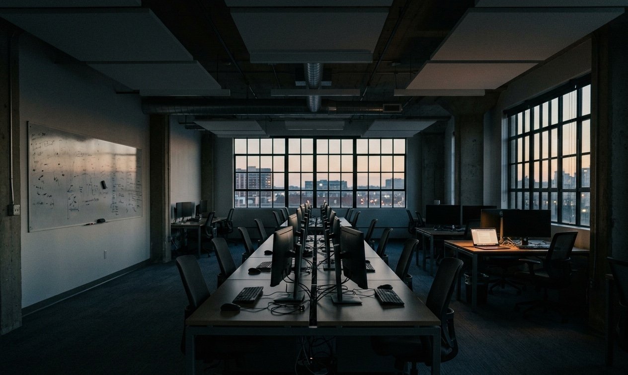 An empty open-plan engineering office at dusk. Rows of dark monitors line a central desk running toward tall industrial windows that open onto a fading city skyline. One laptop glows faintly at a far workstation; a whiteboard on the wall holds pale traces of notes nobody will read tonight.