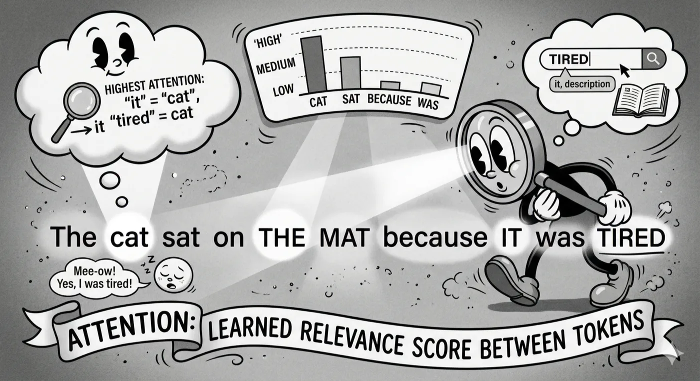 Attention: learned relevance score between tokens